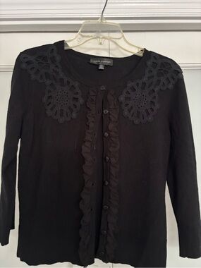 Cable & Gauge Black Cardigan with Lace Yoke and Ruffle Front